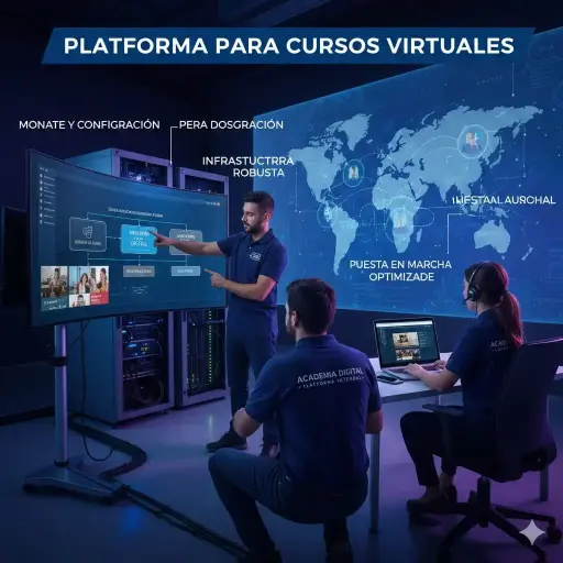 Montaje y puesta en marcha de plataforma para la gestión y comercialización de cursos virtuales (mensual). No incluye asistencia en la preparación